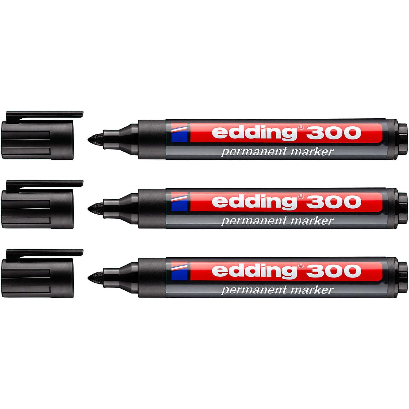 edding 4-300001 300 Industry Permanent Marker - Bullet Tip - Labelling Cardboard, Metal, Rubber and Glass, Black (1.5-3 mm, Pack of 3)