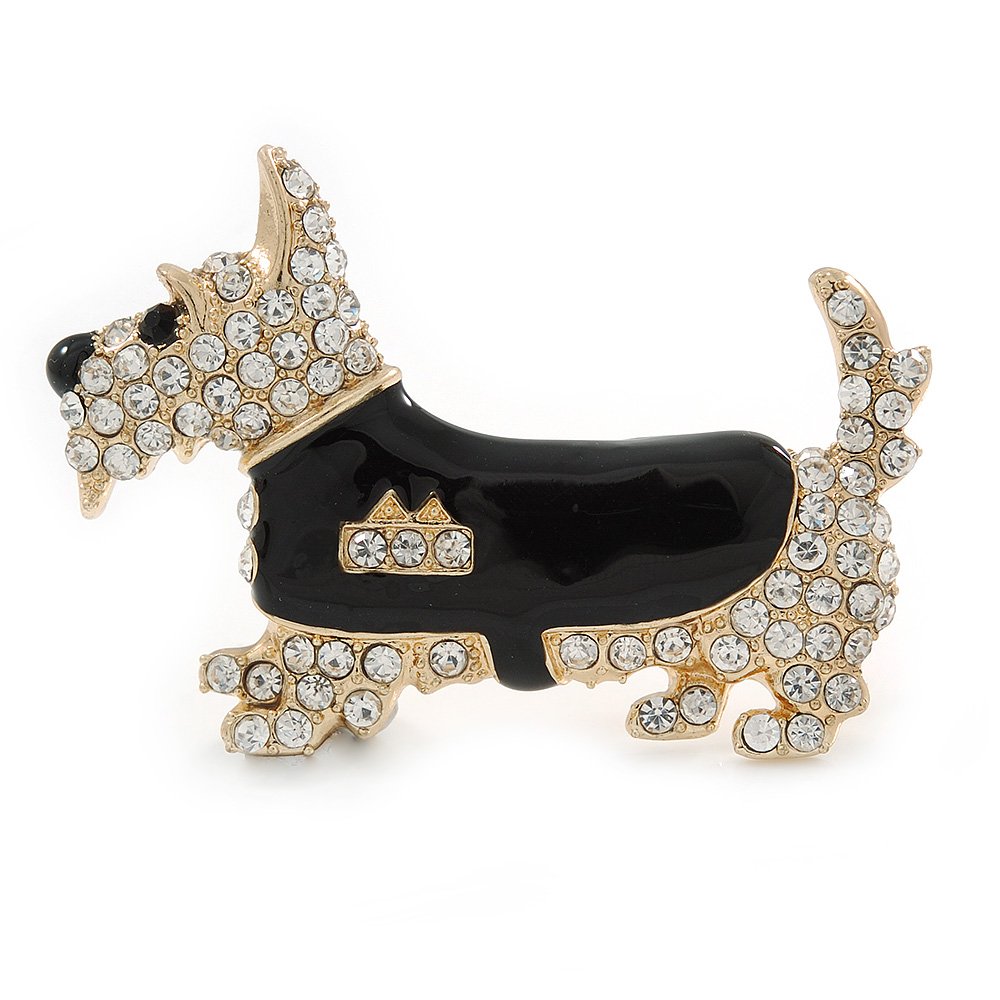 Gold Plated Clear Austrian Crystal, Black Enamel Scotty Dog Brooch - 55mm L