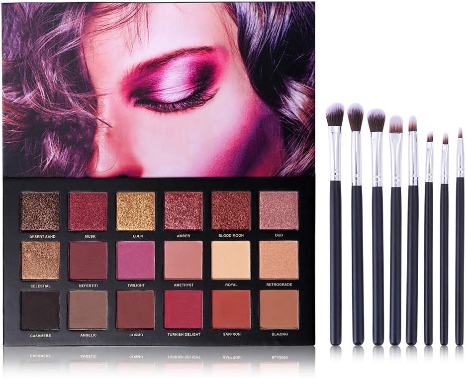 UCANBE 18 Color Eyeshadow Palette + 8pcs Multifunction Makeup Brushes Set Kit, Highly Pigmented Matte Shimmer Blending Eye Shadow Powder Pallet