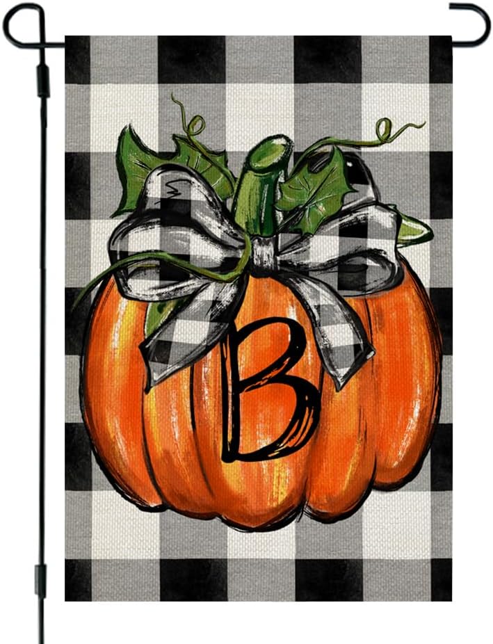 Flags - CROWNED BEAUTY Fall Pumpkin Monogram Letter B Garden Flag 12x18 Inch Double Sided Burlap Plaid Small Family Last Name Initial Yard Decoration CF1115-12