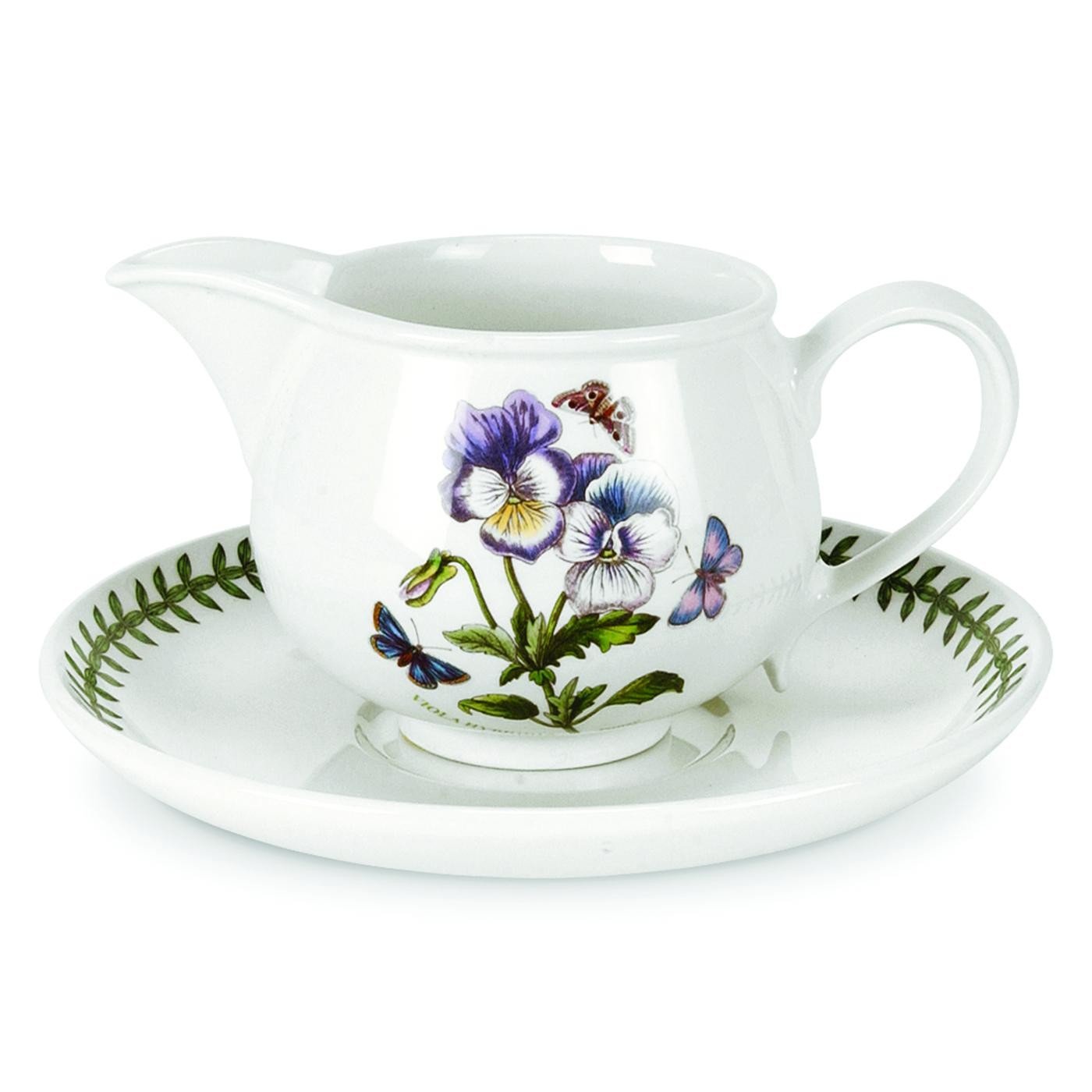 Portmeirion x Botanic Garden Gravy Boat and Stand - Elegant White Ceramic Gravy Jug, Dishwasher, Floral Motif with Green Edging, Microwave & Dishwasher Safe, Suitable for Everyday Dining or as a Gift