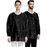 Greenour Pack of 10 Disposable Lab Coats Black for Adults Short Lab Jacket with Knitted Cuffs and Collar, 3 Pockets
