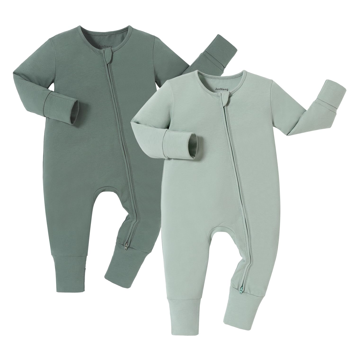 Photo 1 of **USED**
JunNeng 100% Cotton 2Pack Baby Boy Zipper Romper Long Sleeve Baby Pajamas with Mitten Cuffs One piece Dark Green+Light Green 0-18Months