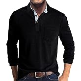 Men's Casual Polo Shirts Classic Button Basic Long Sleeve Shirt Solid Color Cotton Tees Stylish Tops