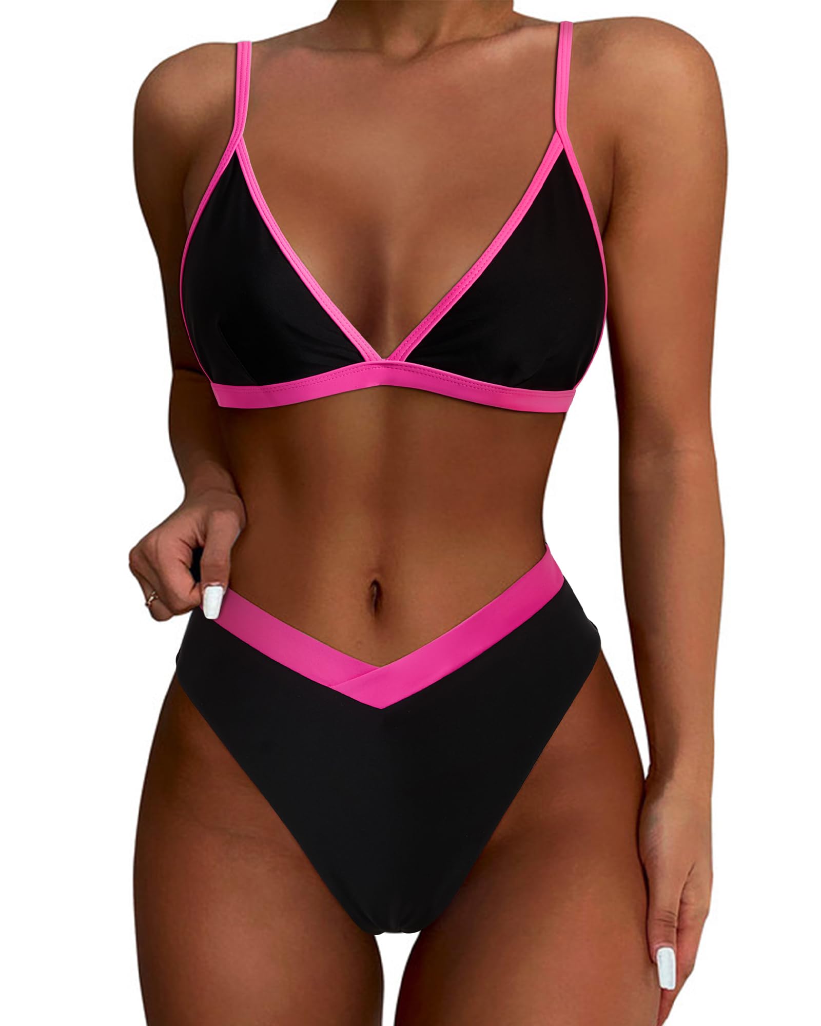 Photo 1 of SUUKSESS Women Triangle High Cut Bikini Sets Sexy High Waisted Color Block Two Piece Swimsuits Push Up Bathing Suits(Black Pink,M)