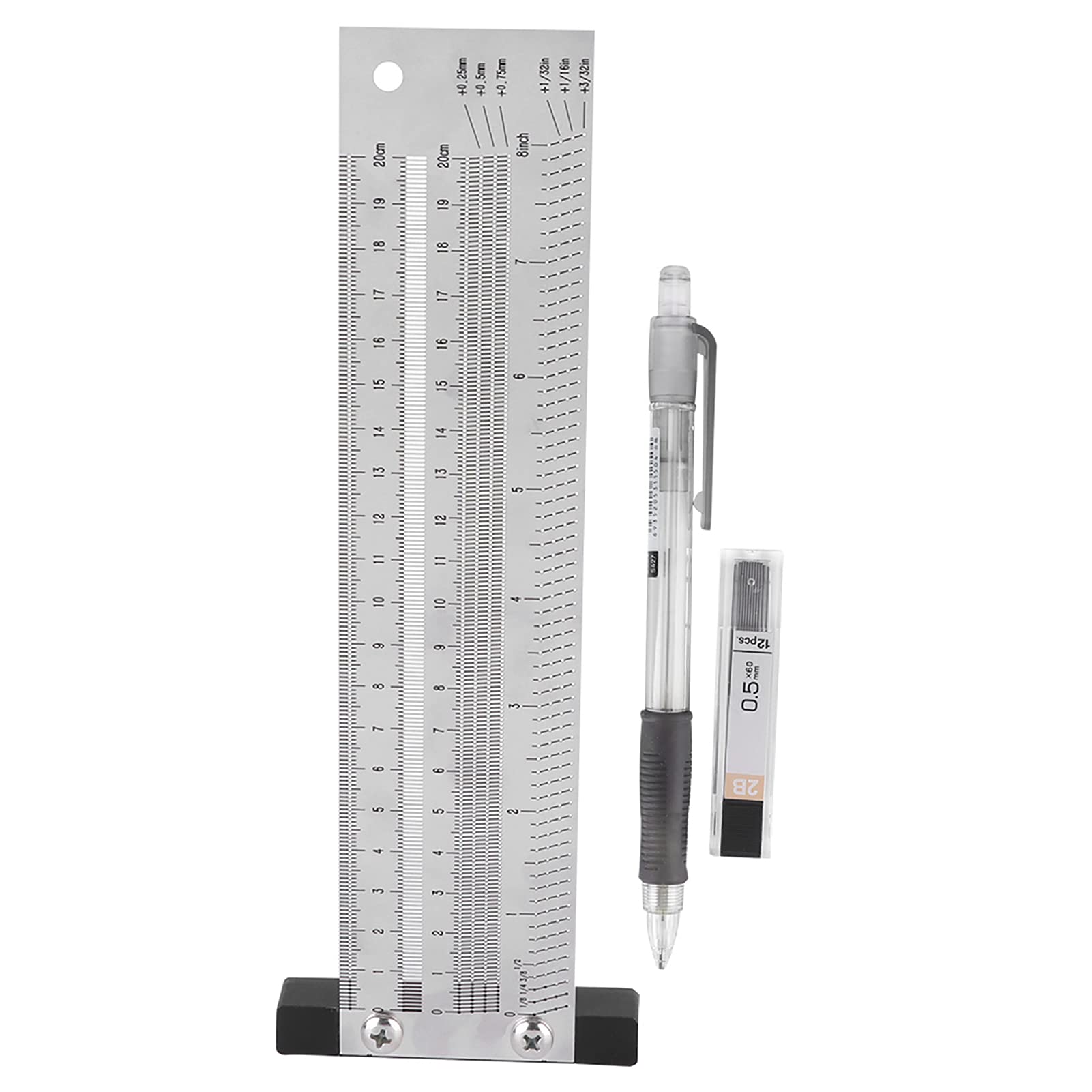 Ultra Precision Stainless Steel Metric Ruler 200mm 8 Inch Woodworking Measuring Tool for Scribing, Marking & Layout Includes Mechanical Pencil & Leads