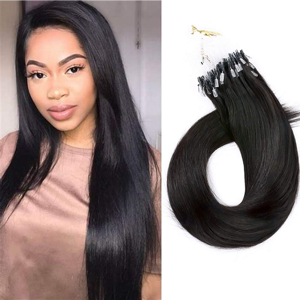 1g/s Micro Loop Human Hair Extensions Pre bonded Real Remy Hair with Micro Ring Beads Straight - 50 Strands (18 inches, #1B Natural Black)