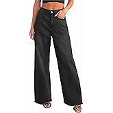KICZOY Women's Wide Leg Jeans Baggy High Waist Boyfriends Strechy Raw Hem Denim Pants