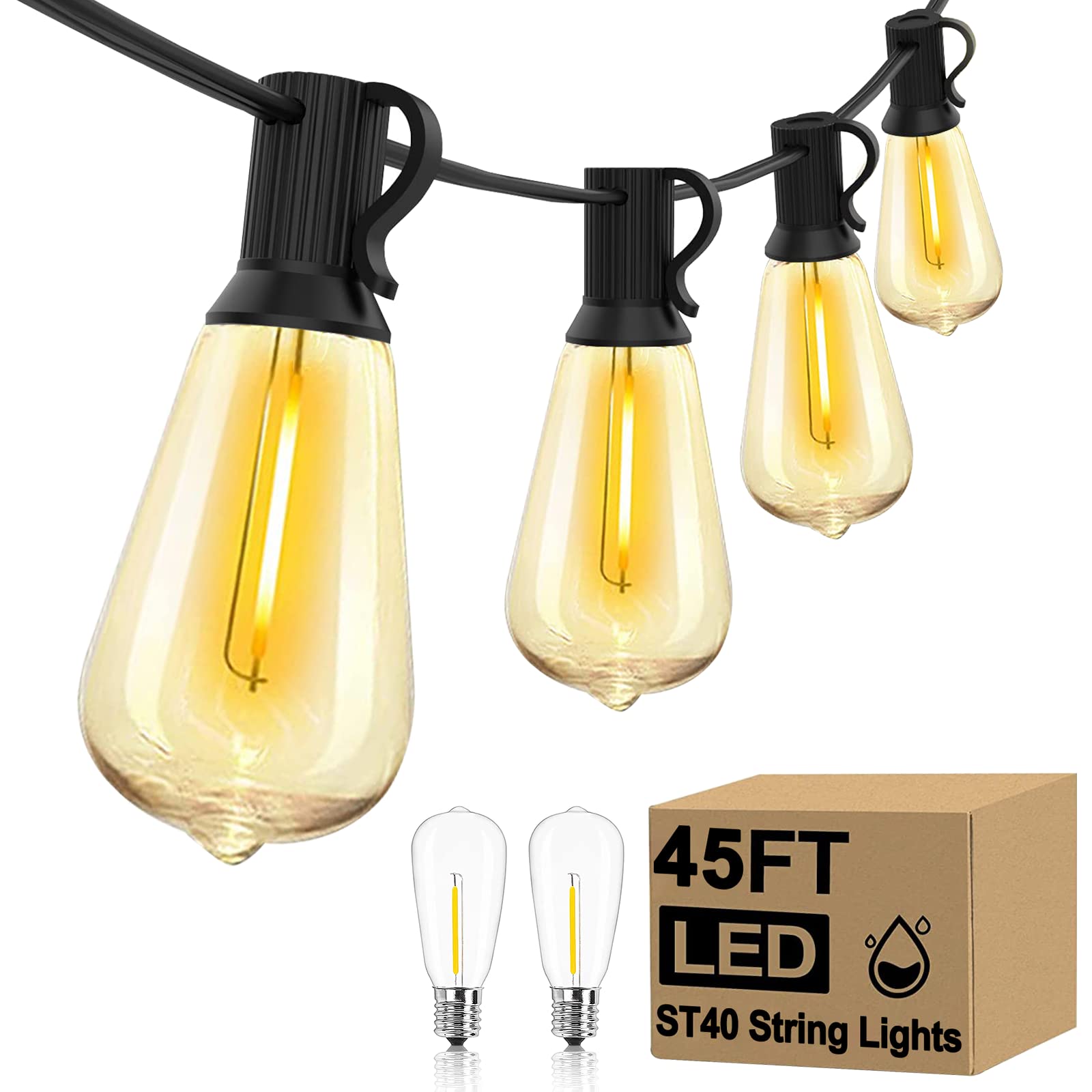 Photo 1 of Abeja ST40 45Ft String Lights with 30 LED Vintage Light Bulbs(2 Spare), E17 Scoket Base, ST40 LED Patio String Lights UL Listed for Patio Backyard Garden Bistro Porch String Lights, Black