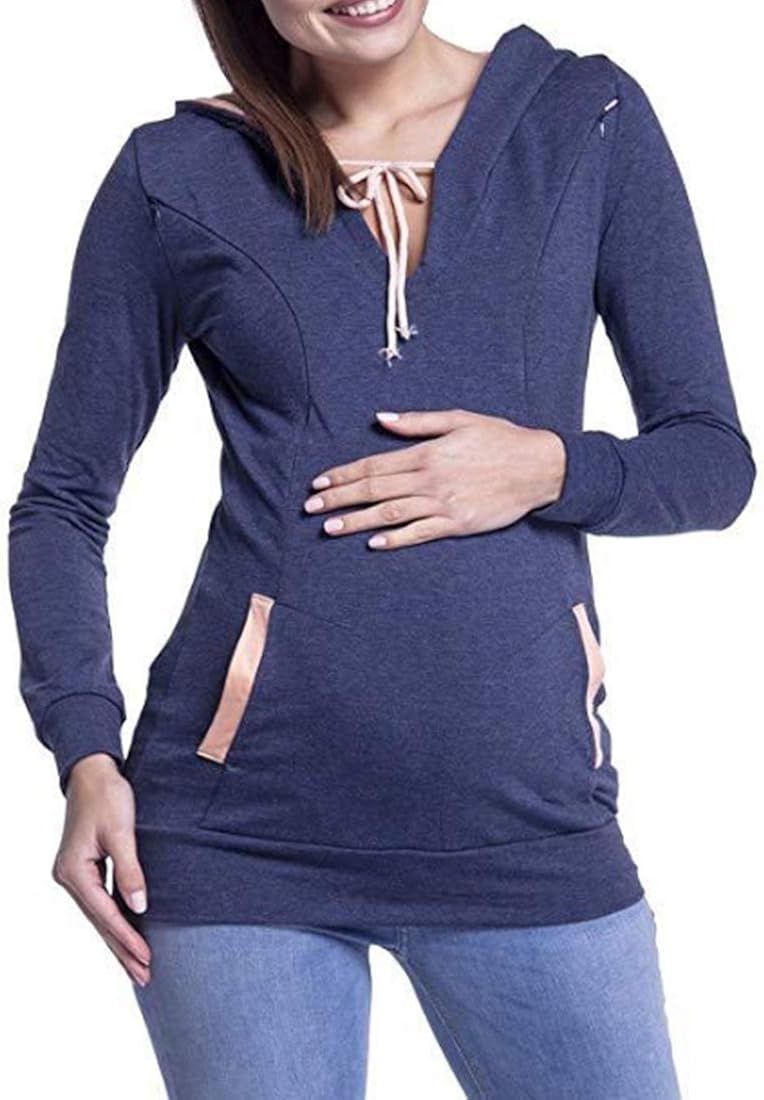 Womens Maternity Hoodie Long Sleeve V Solid Color Neck Clothing Pregnant Hooded Sweatshirt