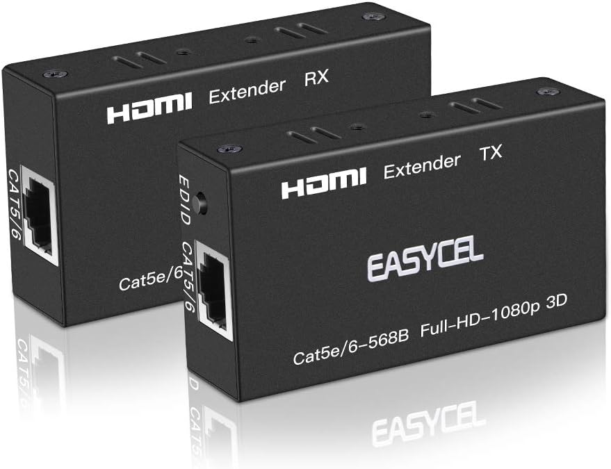 Easycel 60M HDMI Extender(Transmitter and Receiver) Over signle RJ45 cat5e Cat6 Cat7 Cables Up to 196ft(60m), Supports 1080p 3D HDCP EDID for PC/Laptop, DVD, Sky, PS3, PS4, Roku, HD Camera