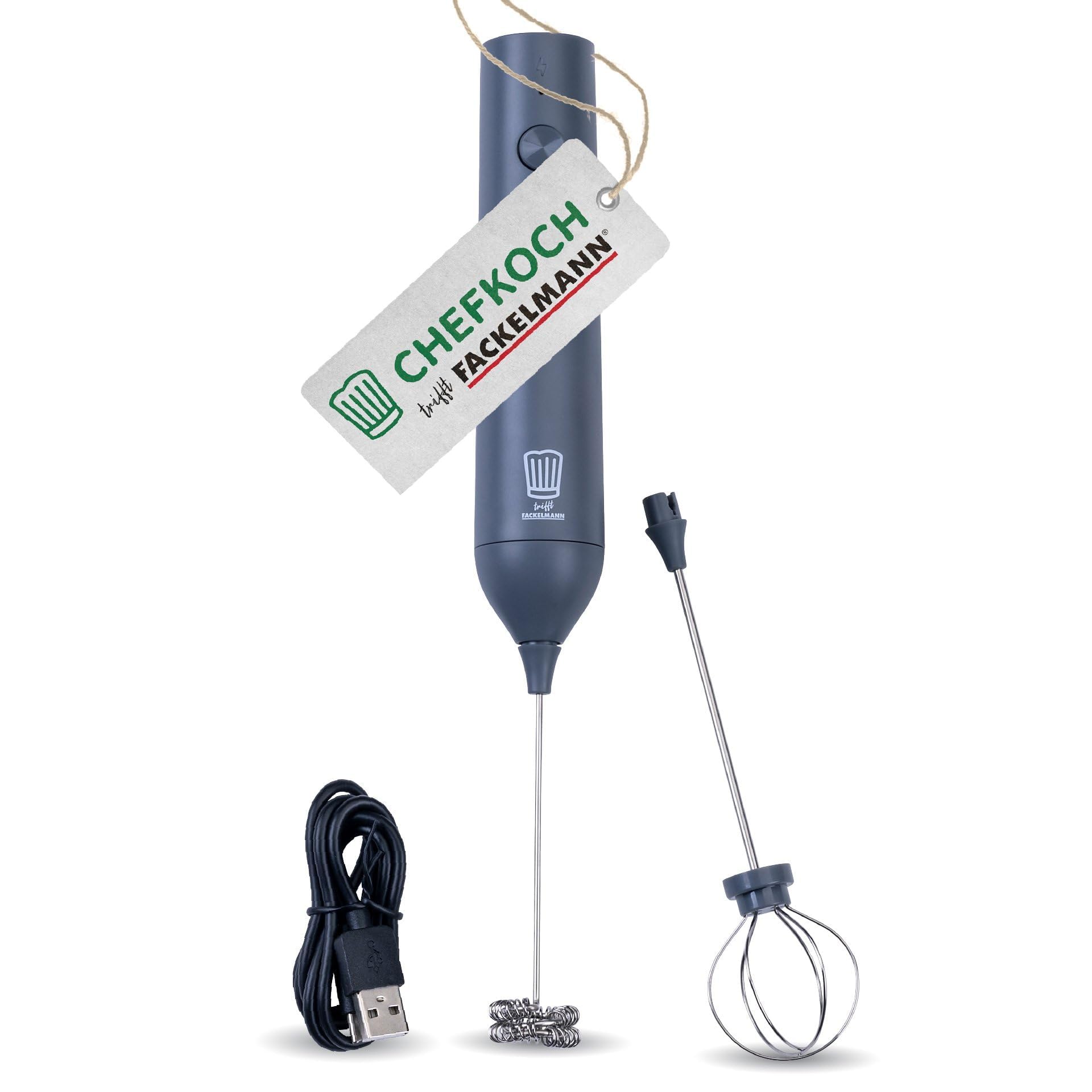 Chefkoch trifft Fackelmann Elektrischer Milchaufschäumer – inkl. 2 Schneebesen, USB-C wiederaufladbar, 3 Geschwindigkeiten, Dunkelgrau