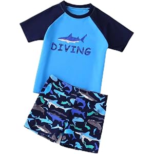 Boy's Shark Print Rash Guard Set with Hat 3 Pieces Short Sleeve Top Trunks & Swim Cap Comfy Breathable Beach Swimwear (Shark