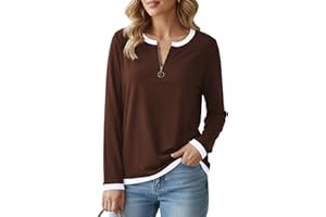Poetsky Women's V Neck Long Sleeve Shirts Color Block Zipper Tops Loose Fit Tunic Tops Casual Polo Shirts