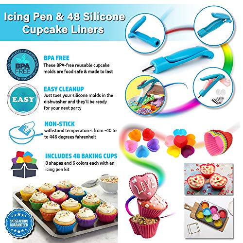 Cupcake Baking Cup Molds Bundle Easy Clean Pastry Liners 48 Nonstick Reusable Silicone Muffin Molds with Icing Pen Cupcake & Cake Decorating Pen Set
