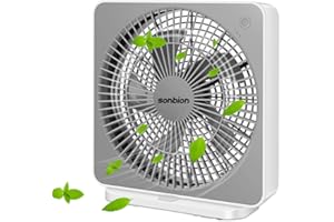 SONBION Box Fan, Three Speeds Window Table Cooling Fan 10 Inch DC Desk Fan with Plug-In AC Adapter, Strong Wind,Quiet Operation Work Fan for Home Bedroom Office Desk Outdoor Travel