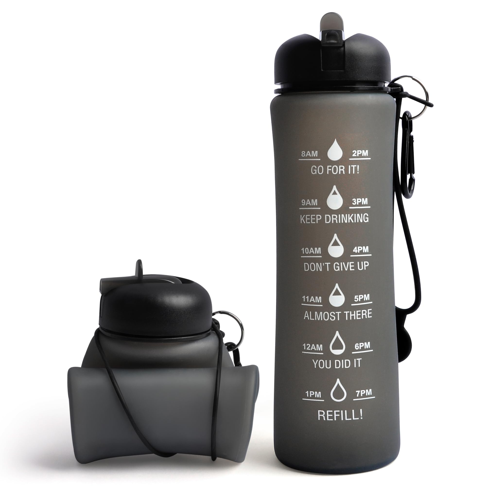 CARESWAY Motivational Water Bottle - 0.6 Litre Foldable Collapsible Gym and Sports Silicone Water Bottle - Running Drinks Bottle For Women, Men, Girls, Boys, Cycling, Hiking, Travel (Gray)