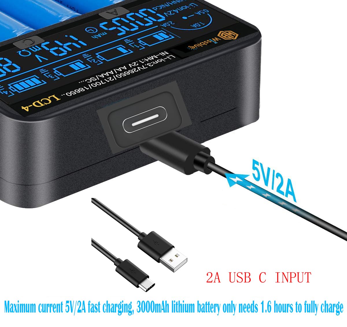 WISSBLUE LCD-4 18650 akku ladegerät Batterie ladegerät 2A Schnell Leistung Batterie ladegerät ,LCD-Anzeige mit Power Bank-Funktion für 3.7V 14500 16340 18650 20700 21700 26650 1.2V AAAA AA A 6