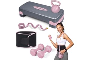 CAPHAUS Adjustable Height Aerobic Stepper Set, Multiple Bundle Options with Dumbbells, Kettlebell, Waist Trimmer, Ankle Weights or Weighted Vest, Workout Exercise Step Platform w/Level Risers, 4 Colors