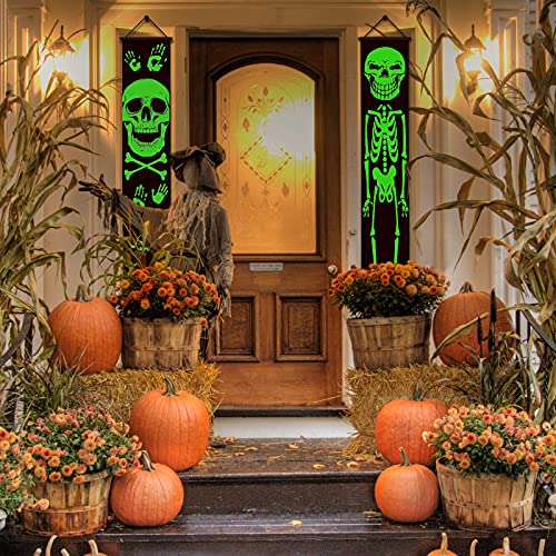 2021 Luminous Halloween Porch Sign for Frontdoor Window Deocration Thrilling Banner with Glowing Green Skeleton at Night Add Terrorist Atmosphere Party Yard Sign 11.8X70.8 Inch