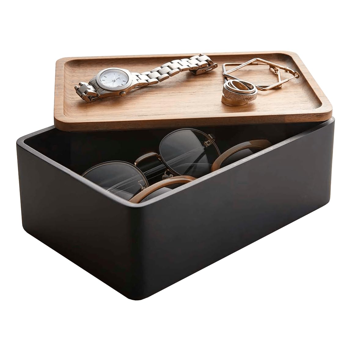 Yamazaki 5166 RIN Accessory Storage Box, black, Polystone/Wood, Minimalist, 18.5 x 12.5 x 7 cm — image 1