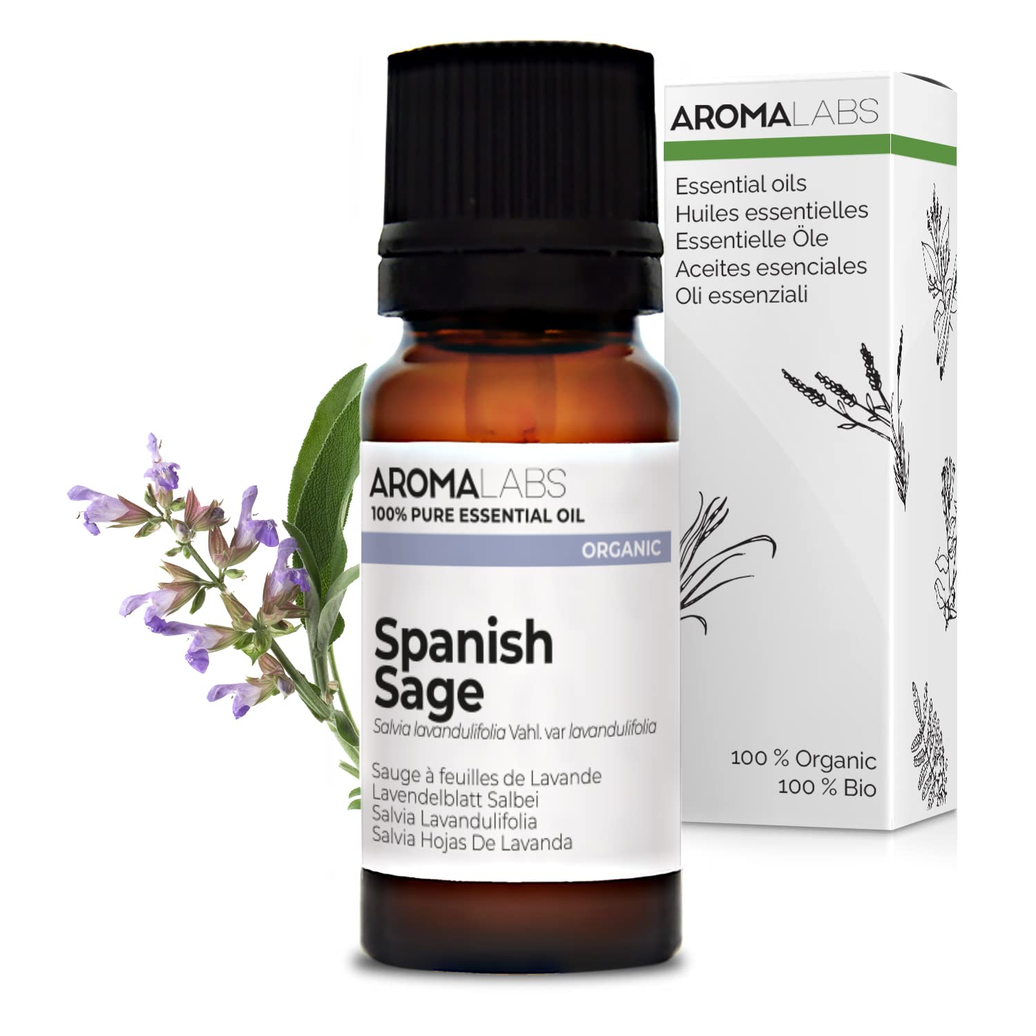 BIO - Spanish SAGE Essential Oil - 10mL - 100% Pure, Natural, Chemotyped and AB Certified - AROMA LABS (French Brand)