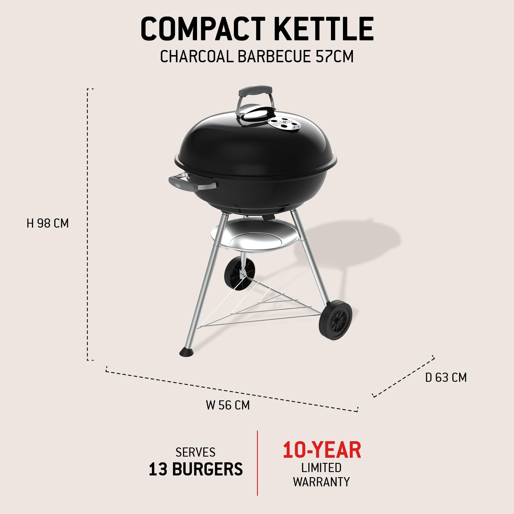 Weber Compact Kettle Holzkohlegrill 57 cm mit Stand und Rädern/Rostbeständige porzellanemaillierte Oberfläche, Ascheauffangschale, 2342 cm² Grillfläche, Schwarz 2
