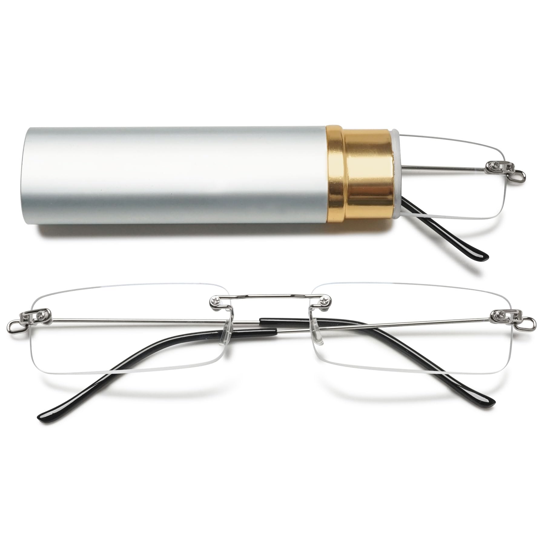 Lanomi Rimless Reading Glasses for Men Women Blue Light Blocking Readers Lightweight Slim Rectangle Anti Blue Eyewear with Metal Case Silver 2.0