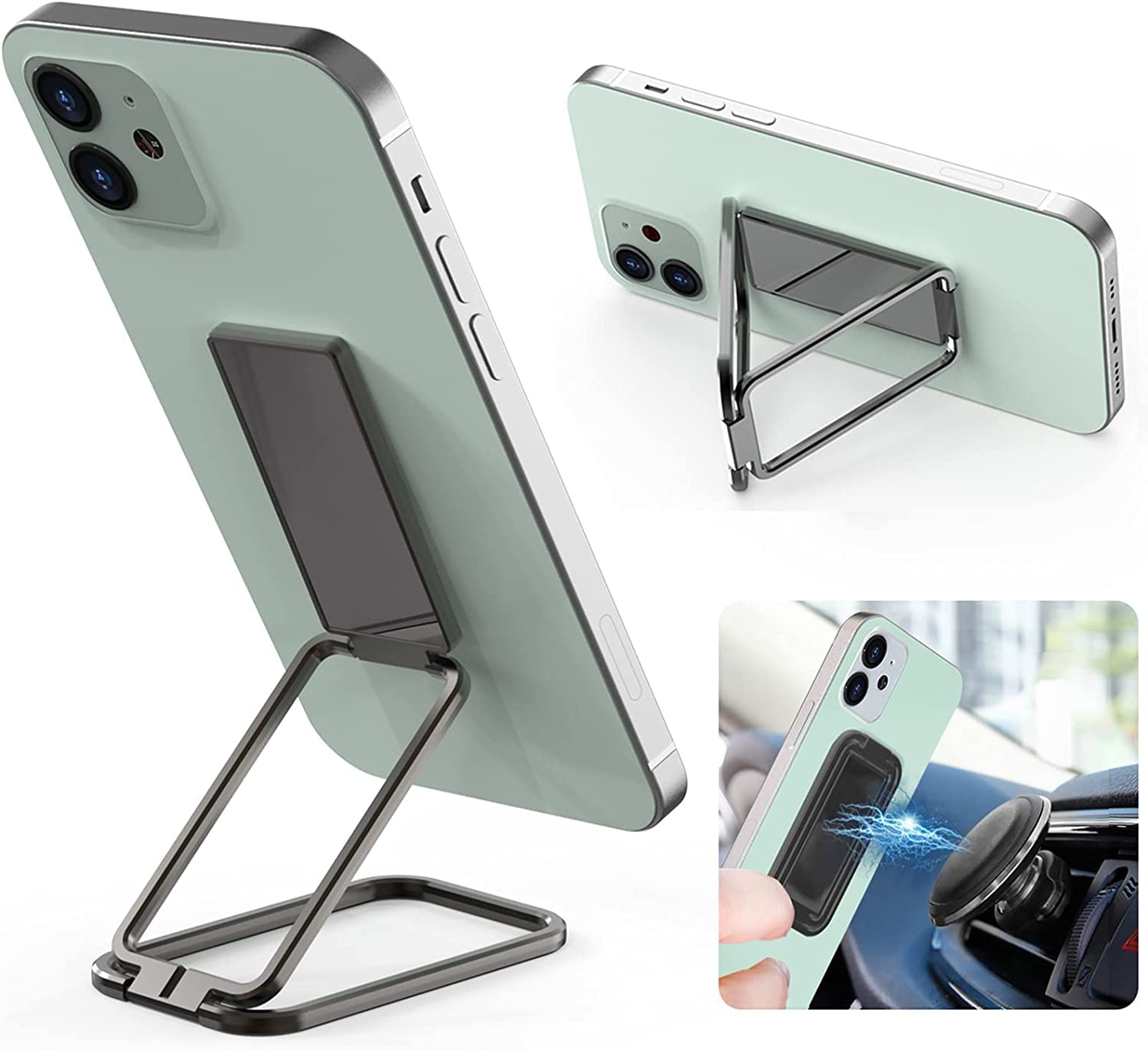 QZCQLLM Phone Ring Holder Finger Kickstand 360°Rotation Ultra-Thin Cell Phone Back Grip Foldable Cellphone Stand Universal Magnetic Car Mount (Black)