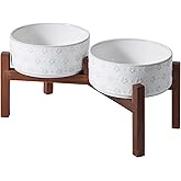 Havniva 7.3inch Ceramic Raised Double Bowls Set with Acacia Wood Stand, Food & Water Bowls for Medium Breed Dogs, Weighted Dog Dishes, Pet Bowl(41OZ, Arctic White)