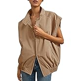 Tankaneo Womens Oversized Vest Tops Lightweight Zip Up Cap Sleeve Snap Stand Collar Military Jackets