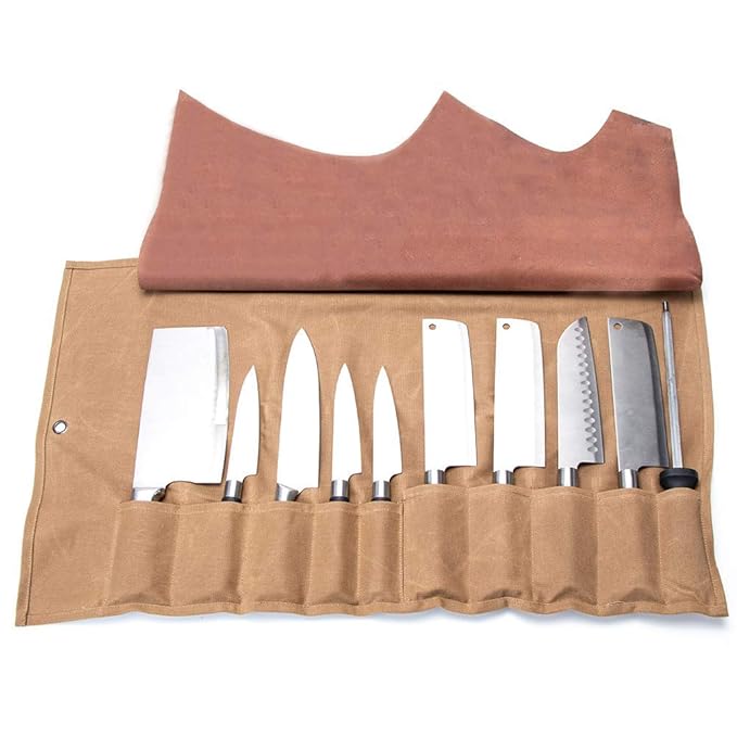 QEES Genuine Leather Knife Roll/Knife Bag Utensil Holder, 10 Pockets