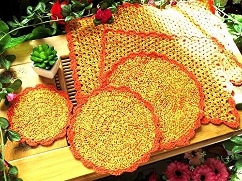 Lace Placemats Handmade Crochet Cotton Lace Table Placemat Set, Pack of 5 Size Tableware Accessories-3 Round &amp; 2 Rectangle (Orange)