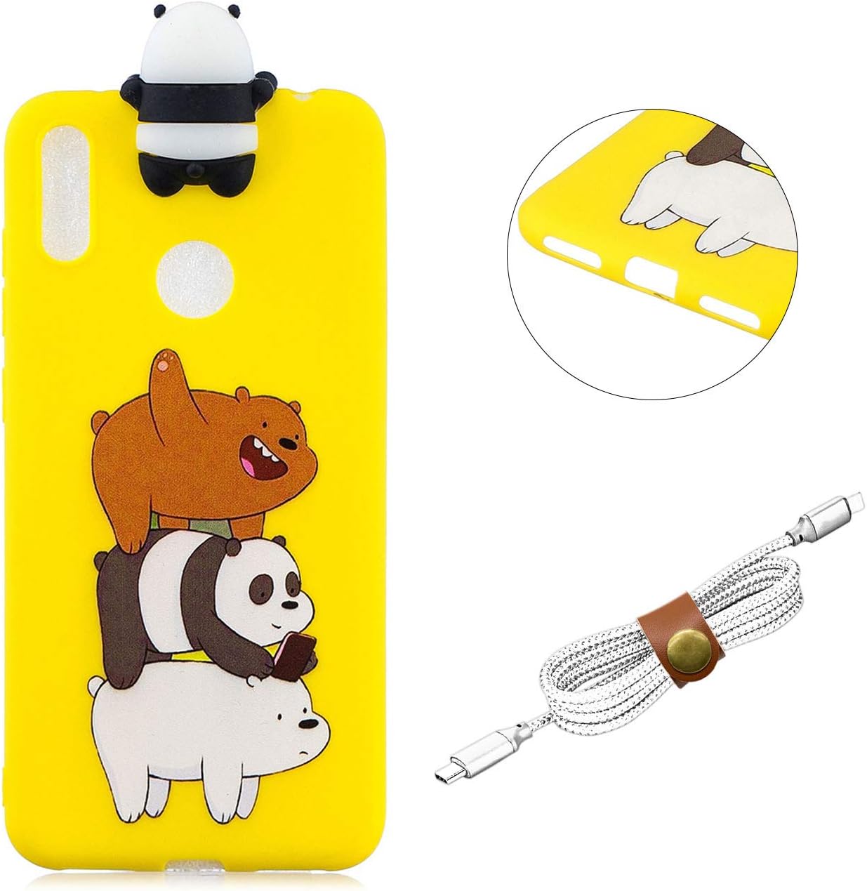 QY Mart 3D Cartoon Case Compatible for Huawei Y7 2019 Cute Animal Design Soft TPU Rubber Bumper Slim Silicone Case Candy Color Skin Back Cover with USB Cable Ties - Three Bears