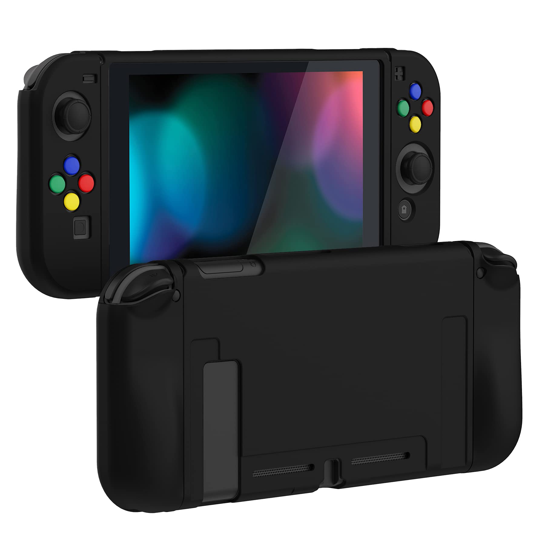 PlayVital Black Protective Case for Nintendo Switch, Soft TPU Slim Case Cover for Nintendo Switch Joycon Console with Colorful ABXY Direction Button Caps