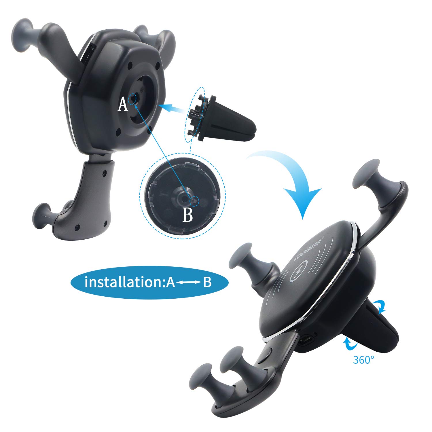 Wireless Car Charger Mount, COOLBEAR Adjustable Qi Gravity Air Vent Phone Holder for iPhone Samsung Nexus LG and All Smartphone Qi Certified