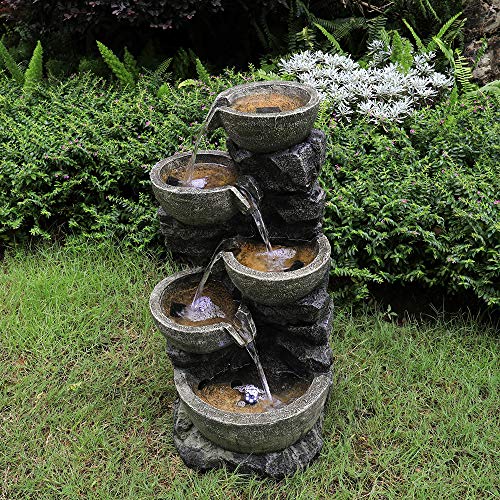 PeterIvan Outdoor Water Fountain - 32" H 5 Urns Falling Water Indoor Outdoor Fountain with Lights | Resin Fiberglass Freestanding Waterfall Fountains Features Calming&Relaxing Water Sounds - Thumbnail 4