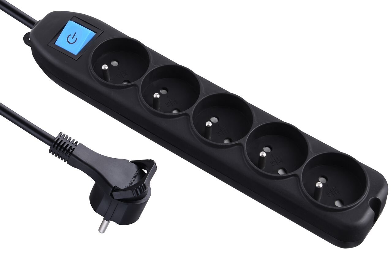 Electraline 32052 5-Way Socket with Switch/Flat Plug 1.5 m Black