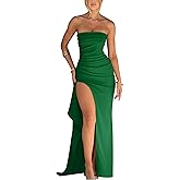 YMDUCH Women's Elegant Strapless Bodycon Ruched Ruffle High Split Long Formal Evening Dress