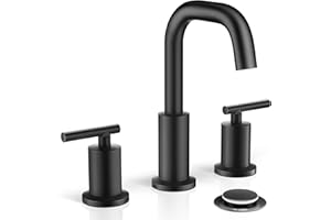 Phiestina Widespread 8 Inch 3 Holes 2 Handles Bathroom Sink Faucet with Full-Copper Pop Up Drain and Valve, Matte Black Finish,WF002-1-MB