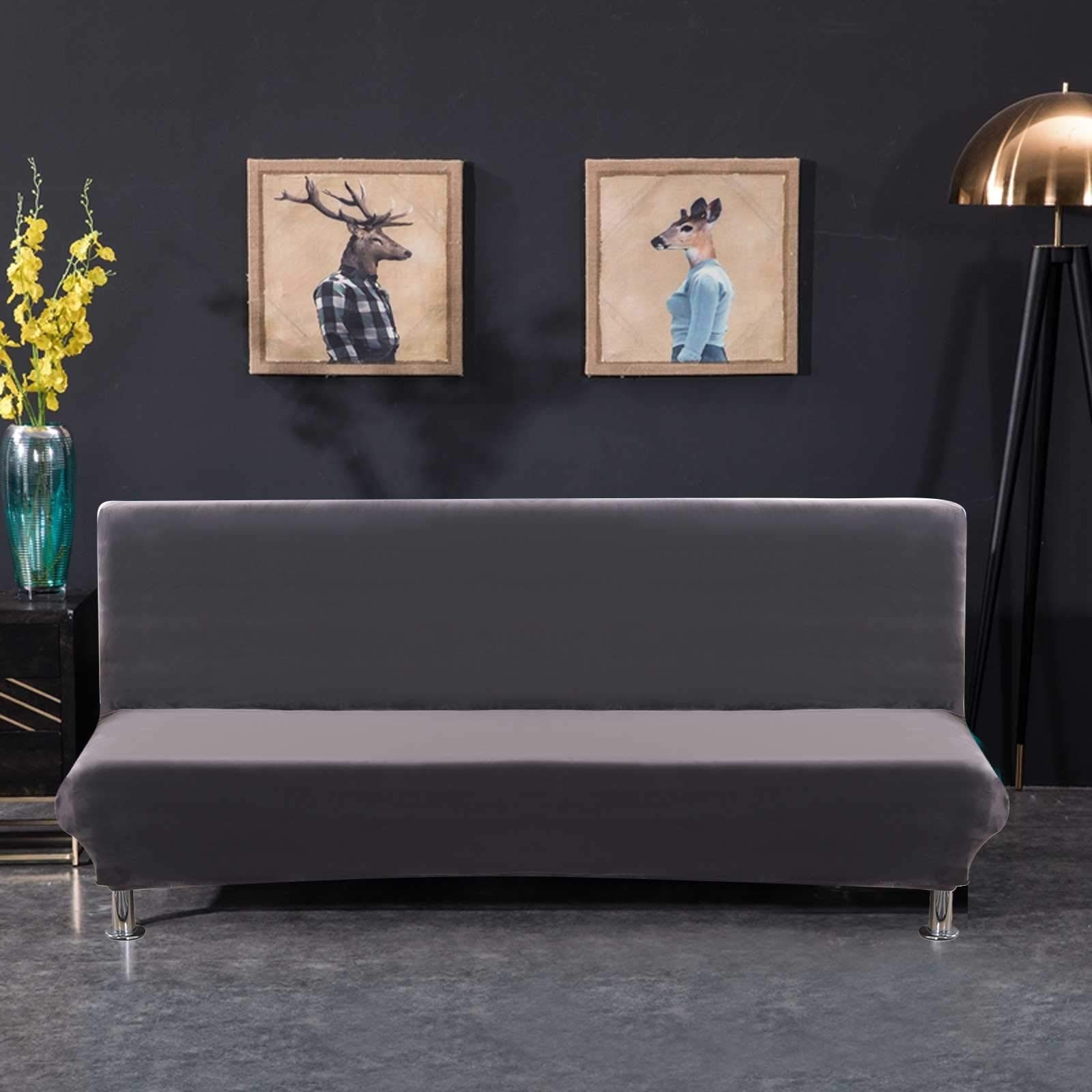 PETCUTE Armless sofa cover stretch futon cover armless folding sofa bed cover velvet Dark gray