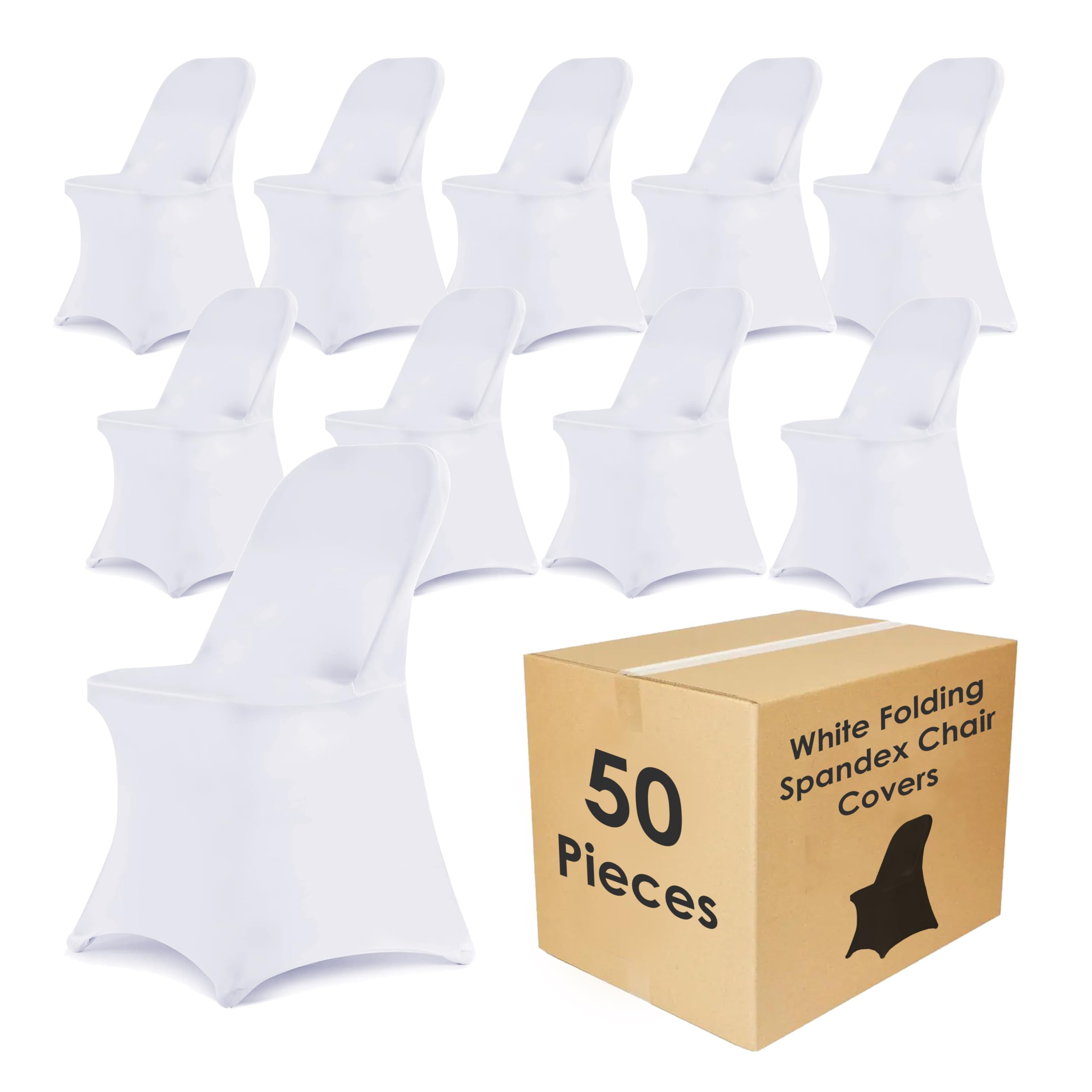 Photo 1 of Craft And Party 50 Pack White Spandex Folding Chair Covers, Stretch Polyester Slipcovers for Wedding, Party & Dining Chairs – Flat Front Design, Universal Fit