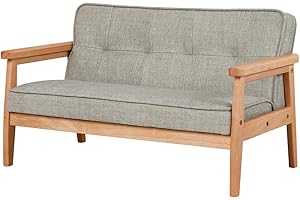Yoonnie room Double Seater Kid Sofa Chair, Kid Couch with Solid Wood Arm and Linen Pattern PVC for Kids Rest (Light Grey)