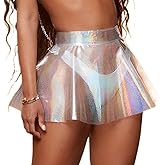 Women‘s Flared Pleated Skirts Shiny See Through Mini Skirt High Waist Clubwear Novelty Skirt for Women