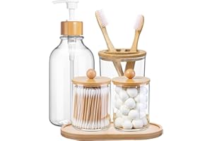 5 Pack Bamboo Bathroom Accessories Set with Tray - Plastic Soap Dispenser Clear Toothbrush Holder and 2 Qtip Holder Cotton Ba