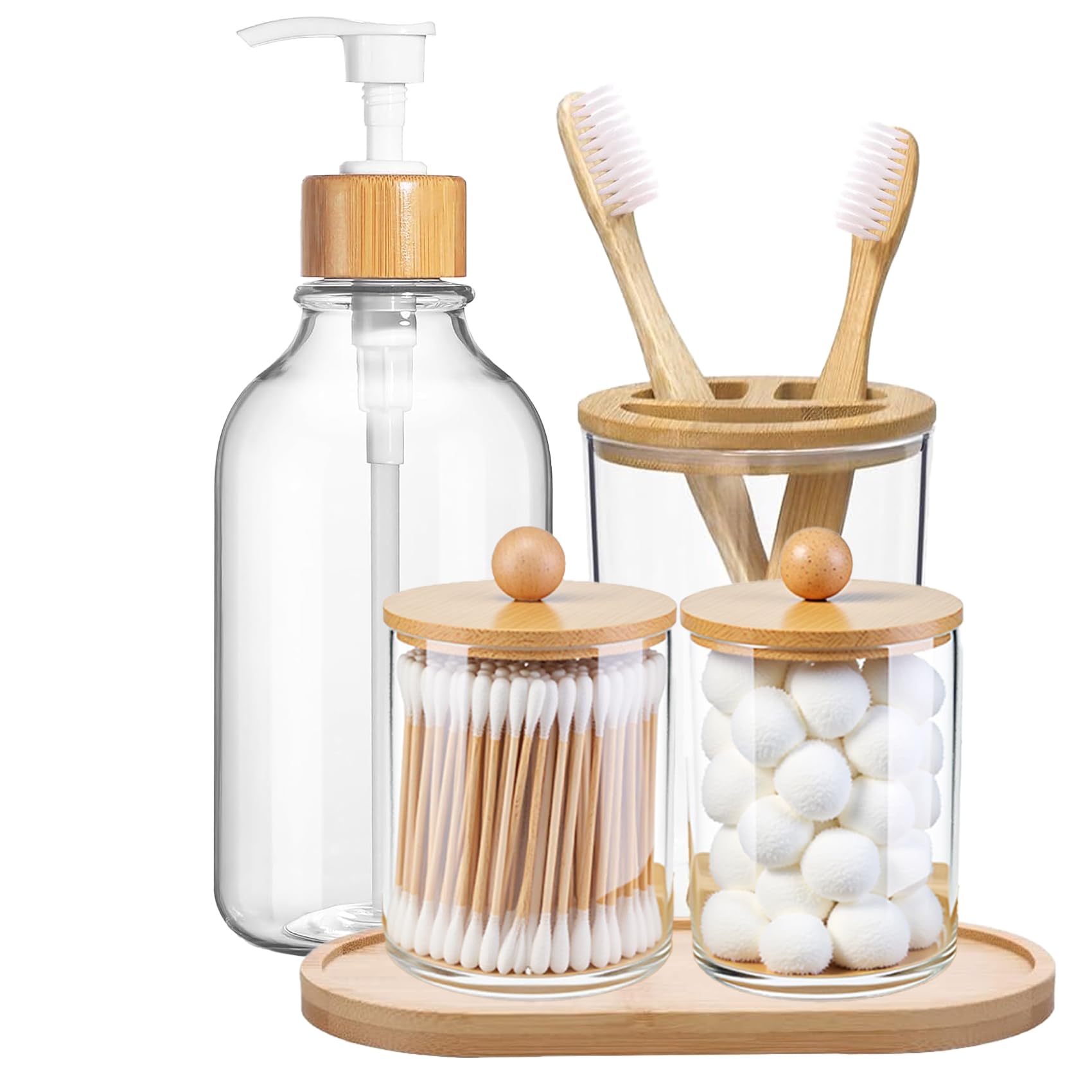 Photo 1 of 5 Pack Bamboo Bathroom Accessories Set with Tray - Plastic Soap Dispenser Clear Toothbrush Holder and 2 Qtip Holder Cotton Ball Container Jar
