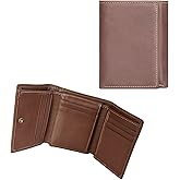 AurexaFashion Genuine Leather Short Trifold Wallet for Men, RFID Blocking, Snap Closure. 11 Card Slots, 2 ID Windows. Brown