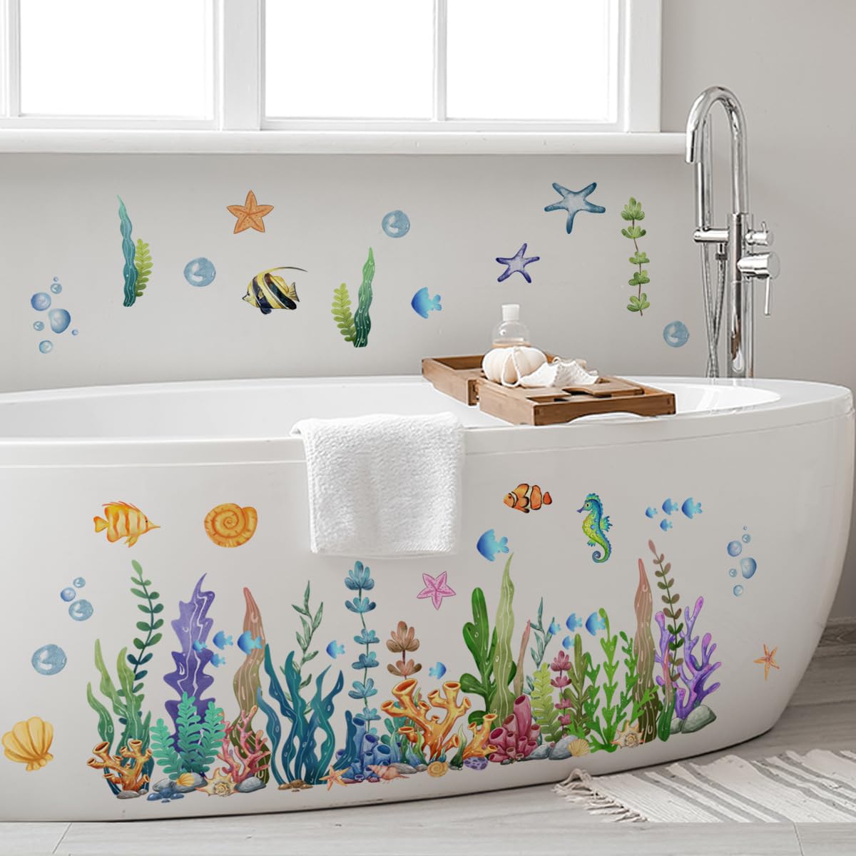 Runtoo Under The Sea Wall Decals Coral Reef and Seaweed Wall Stickers Creature Sea Life Fish Ocean Grass Wall Decor for Bathroom Kids Bedroom Baby Nursery