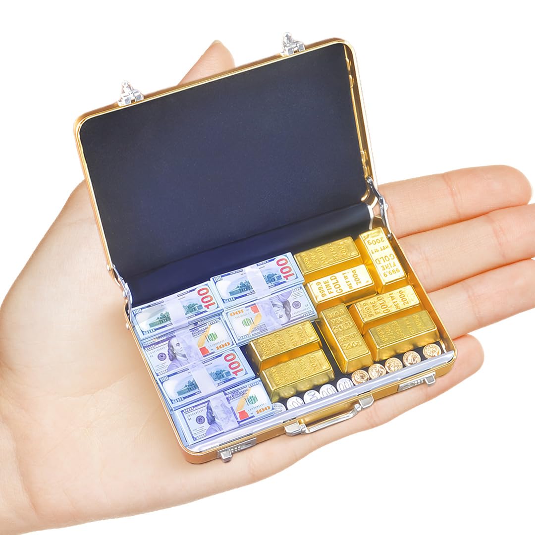 Photo 1 of 1:6 Scale Miniature Gold Briefcase Gift Set with Fake Gold Bars, 180Pcs Mini $100 Dollar Bills & Vintage Coins | Unique Collectible Display, Dollhouse Accessory & Fun Novelty Gift for Adults