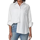 QINSEN Oversized Button Down Shirts for Women Long Sleeve Striped Casual Blouse Cotton Tops